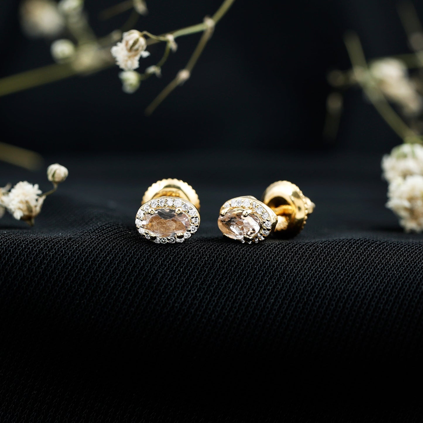 Peach Morganite and Diamond Halo Stud Earrings