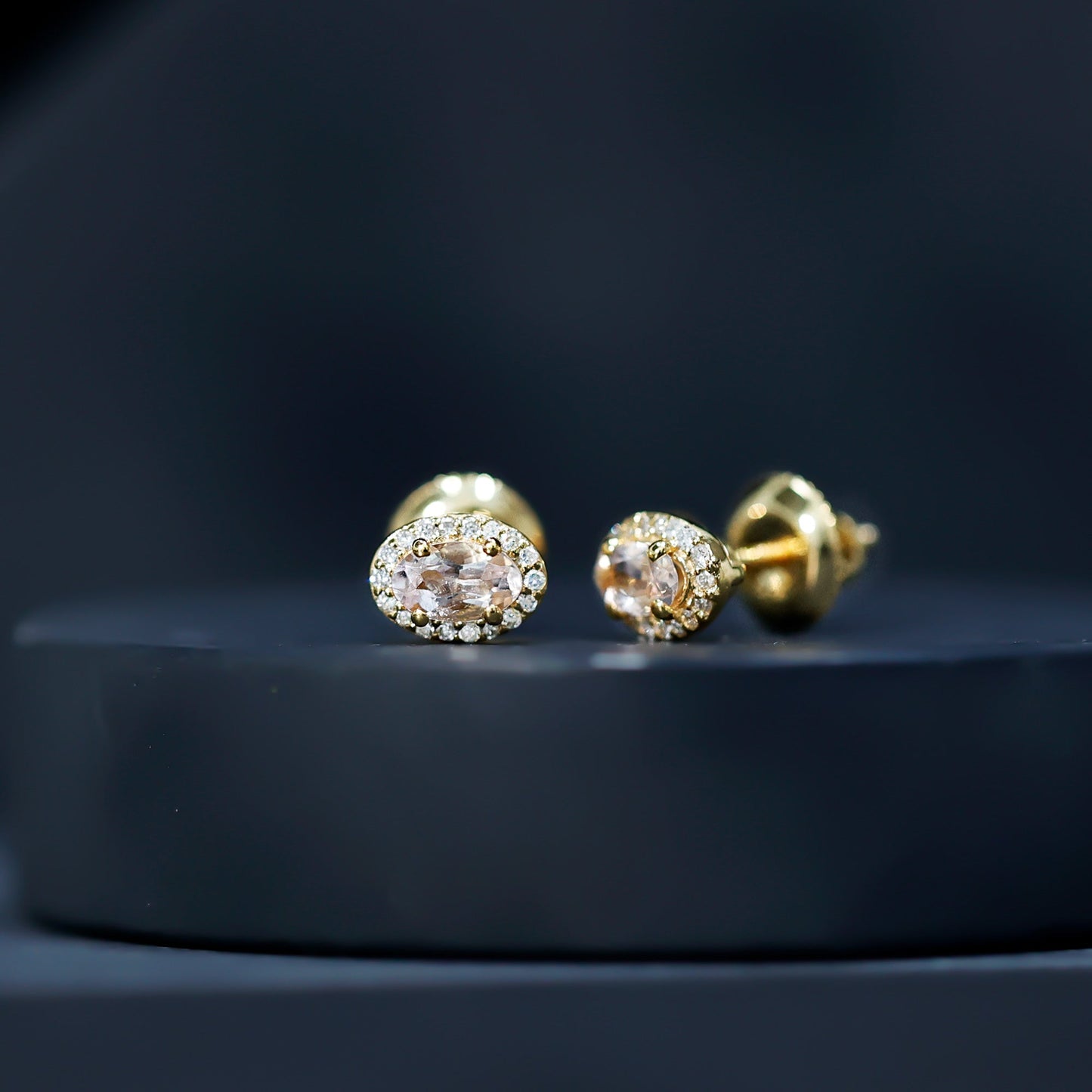 Peach Morganite and Diamond Halo Stud Earrings