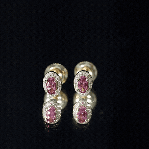 Genuine Oval Shaped Pink Tourmaline and Diamond Halo Stud Earrings