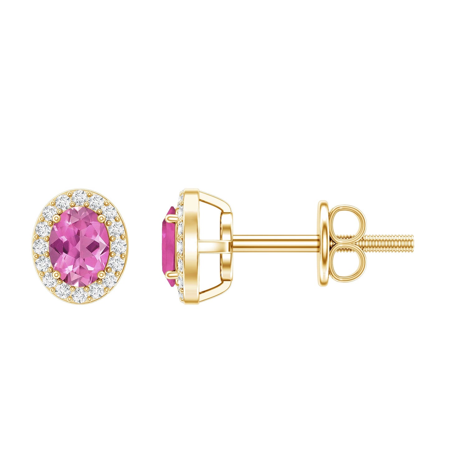 Genuine Oval Shaped Pink Tourmaline and Diamond Halo Stud Earrings