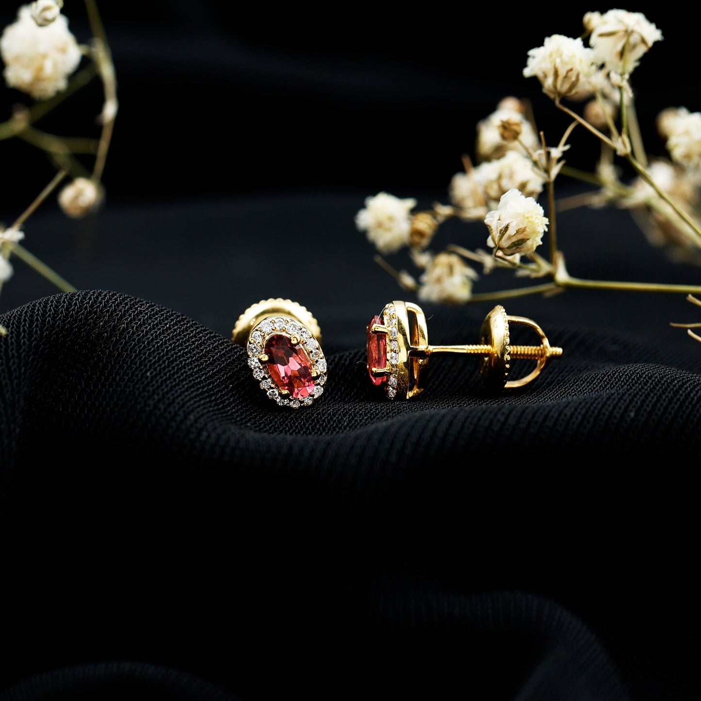 Genuine Oval Shaped Pink Tourmaline and Diamond Halo Stud Earrings