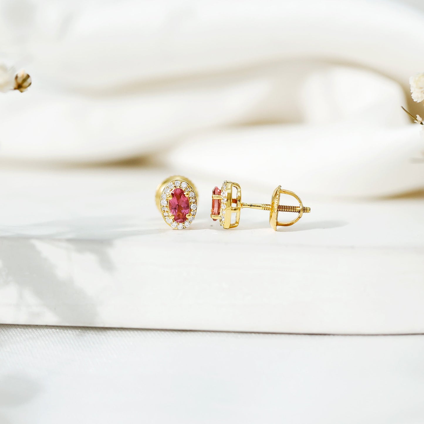 Genuine Oval Shaped Pink Tourmaline and Diamond Halo Stud Earrings