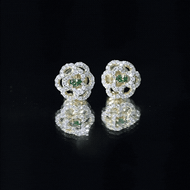 Yellow Gold Plated Silver Lab Grown Emerald Diamond Flower Stud Earrings for Women