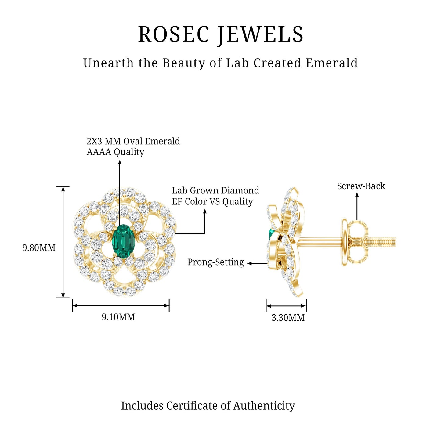 Yellow Gold Plated Silver Lab Grown Emerald Diamond Flower Stud Earrings for Women