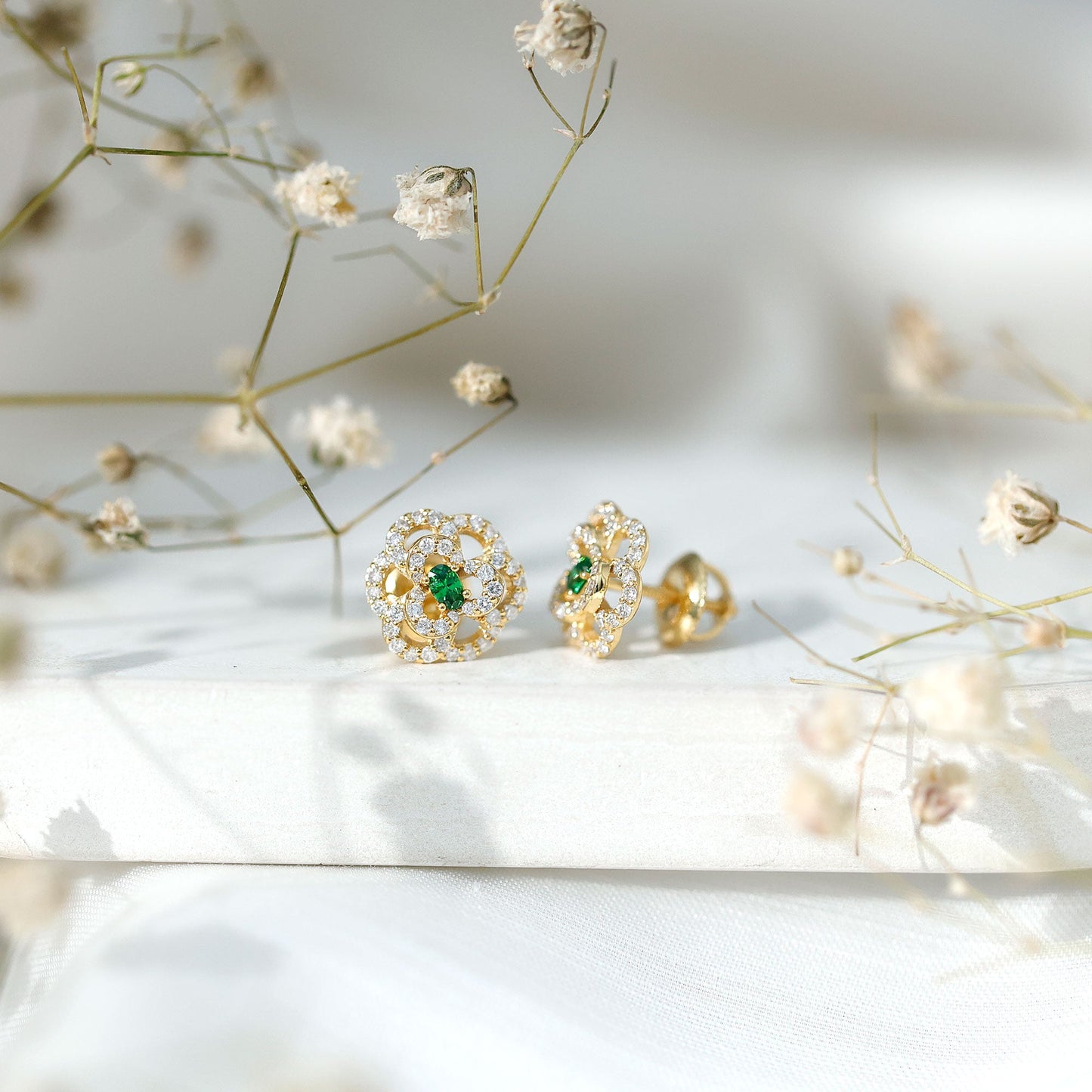 Yellow Gold Plated Silver Lab Grown Emerald Diamond Flower Stud Earrings for Women
