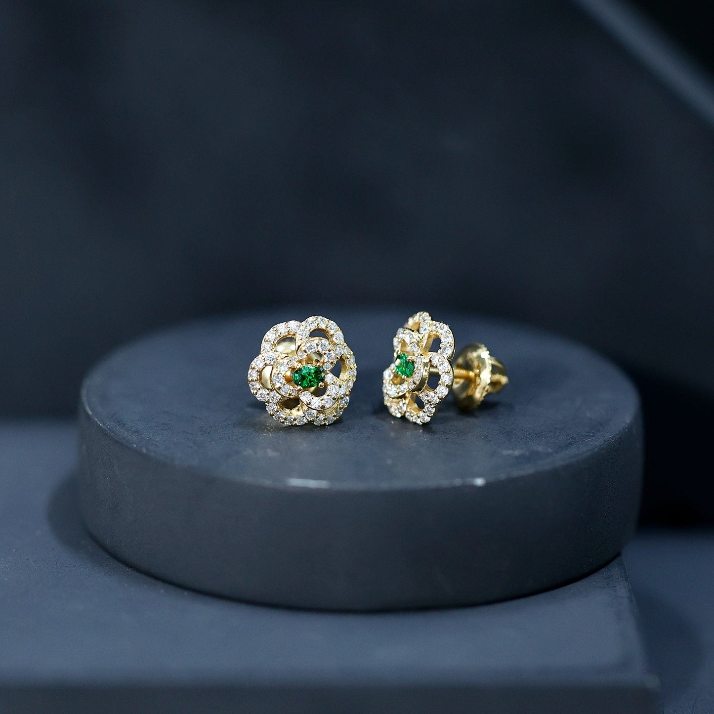 Yellow Gold Plated Silver Lab Grown Emerald Diamond Flower Stud Earrings for Women