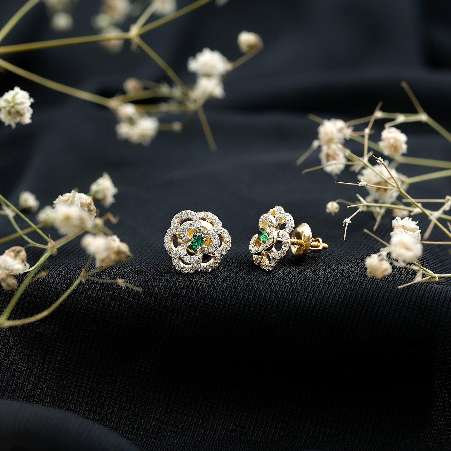Yellow Gold Plated Silver Lab Grown Emerald Diamond Flower Stud Earrings for Women