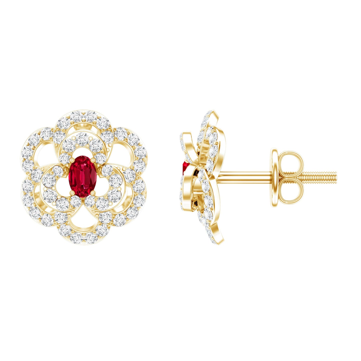 Certified Lab Grown Ruby Flower Stud Earrings with Diamond