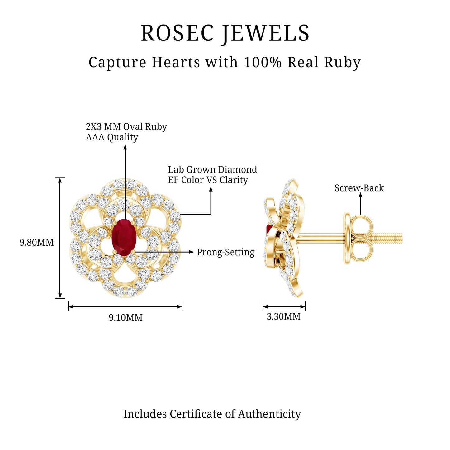 Certified Real Ruby Flower Stud Earrings with Diamonds