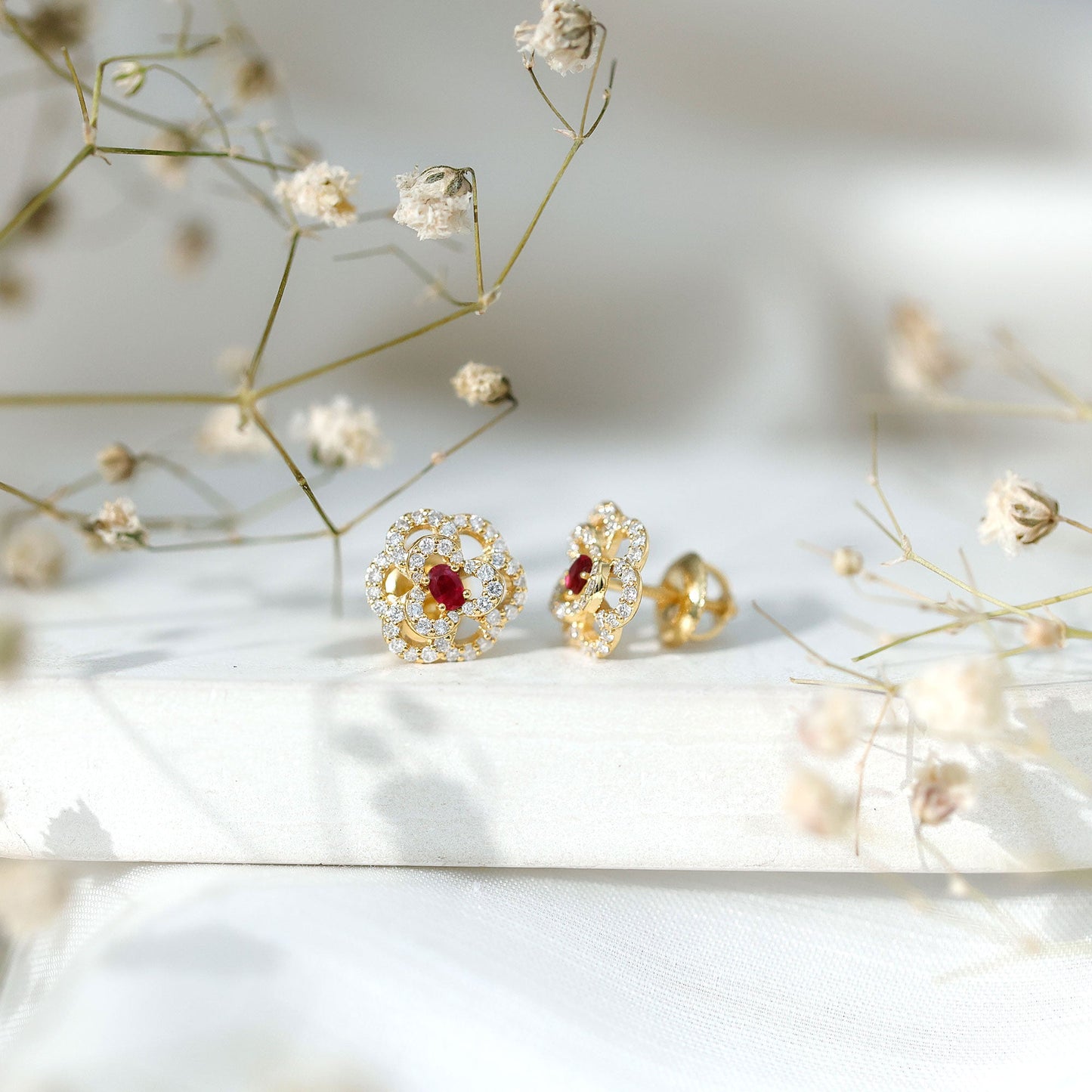 Certified Real Ruby Flower Stud Earrings with Diamonds