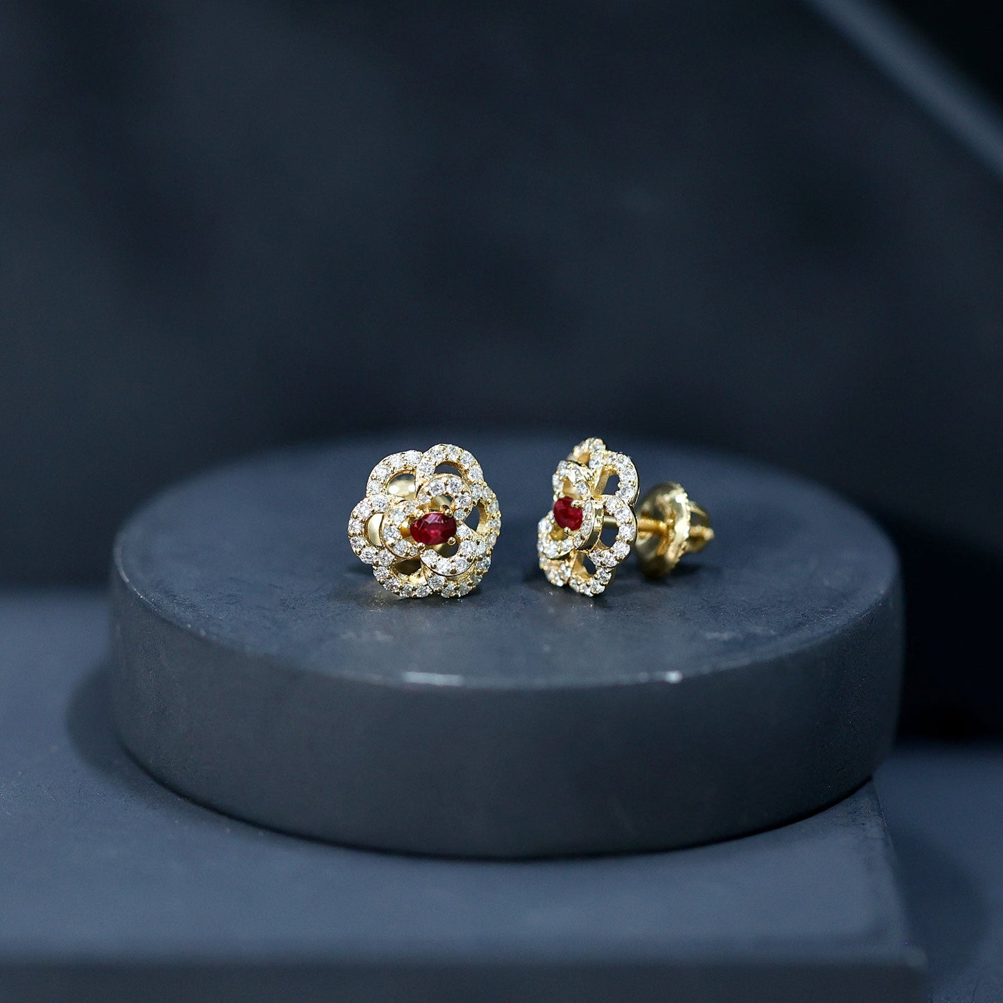 Certified Real Ruby Flower Stud Earrings with Diamonds