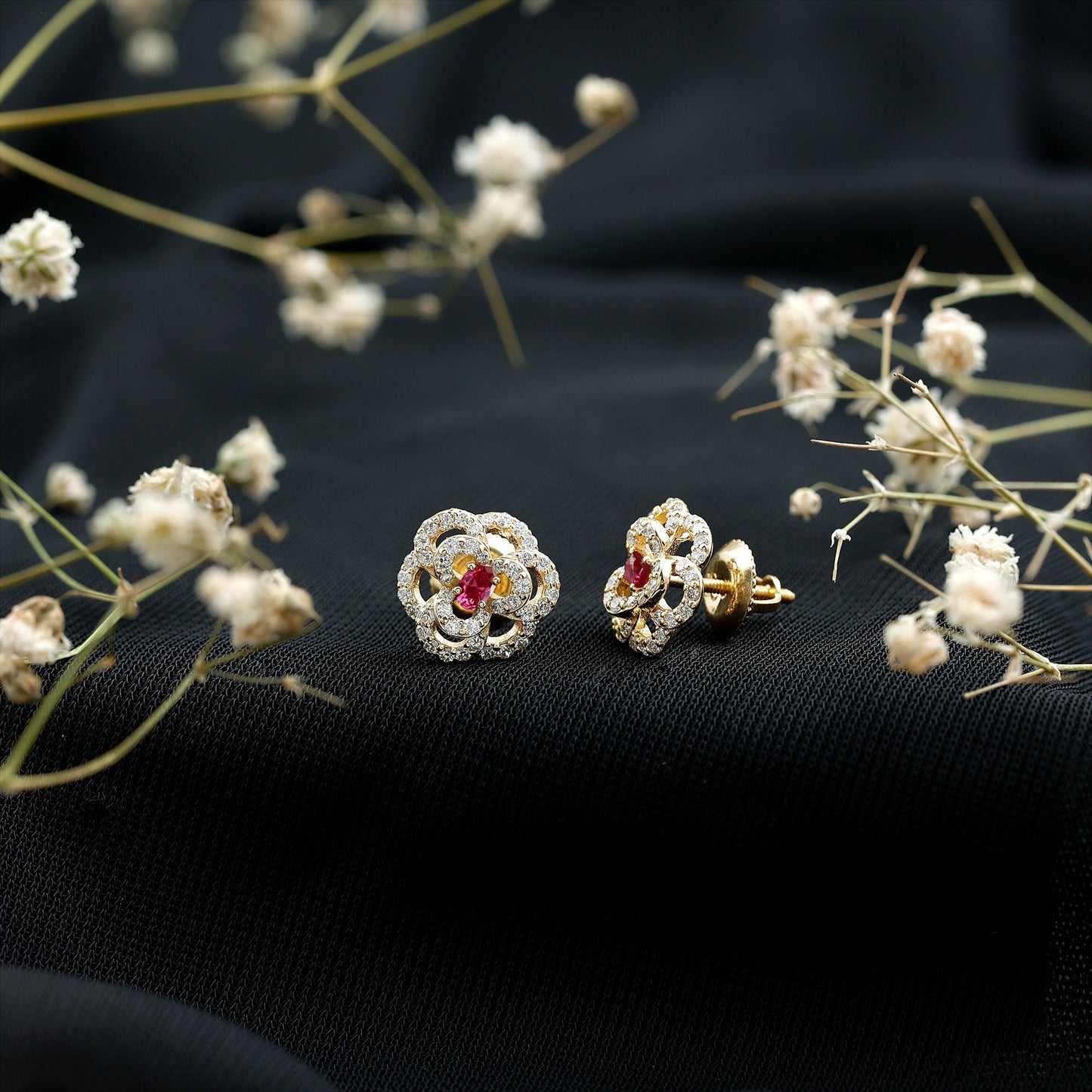 Certified Real Ruby Flower Stud Earrings with Diamonds