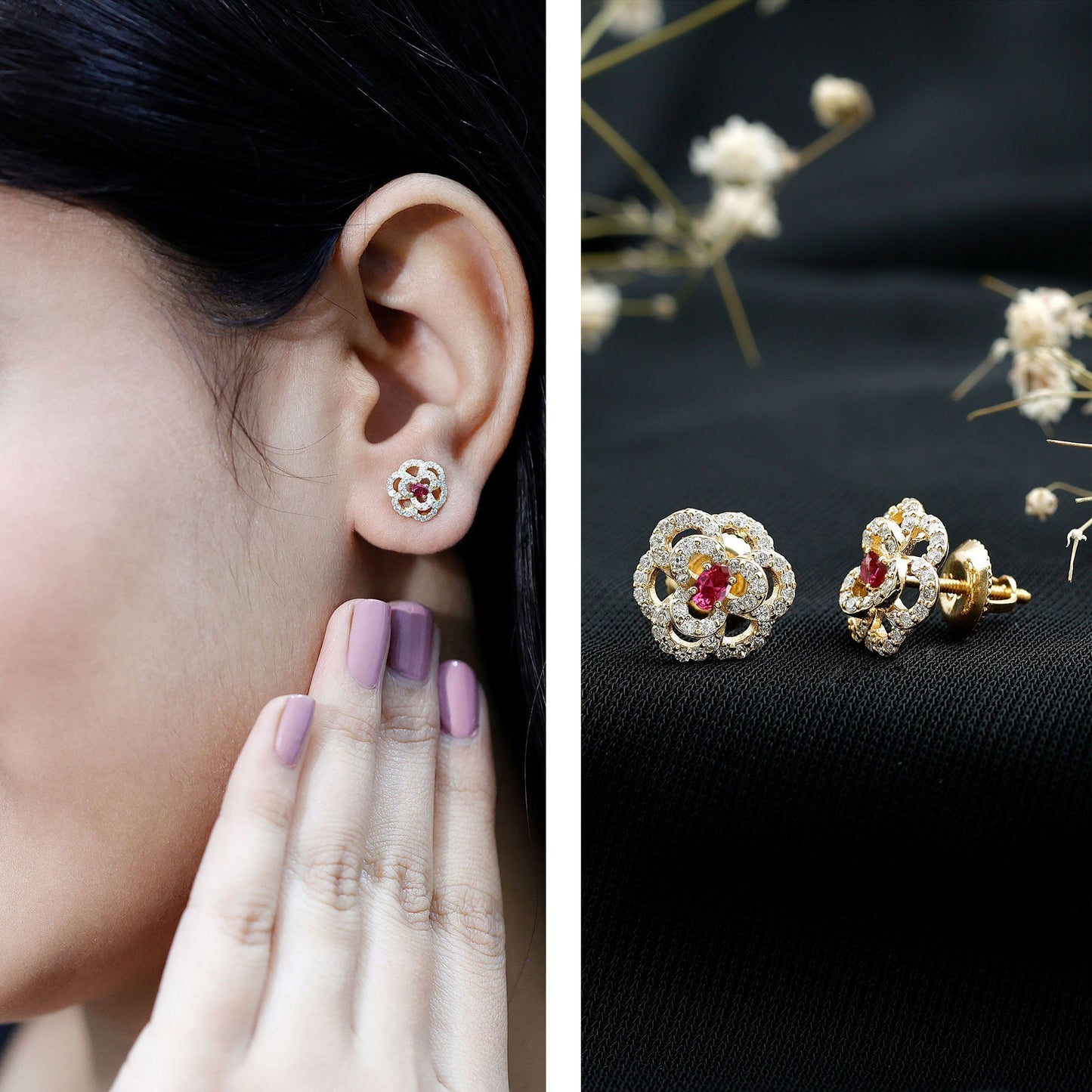 Certified Real Ruby Flower Stud Earrings with Diamonds
