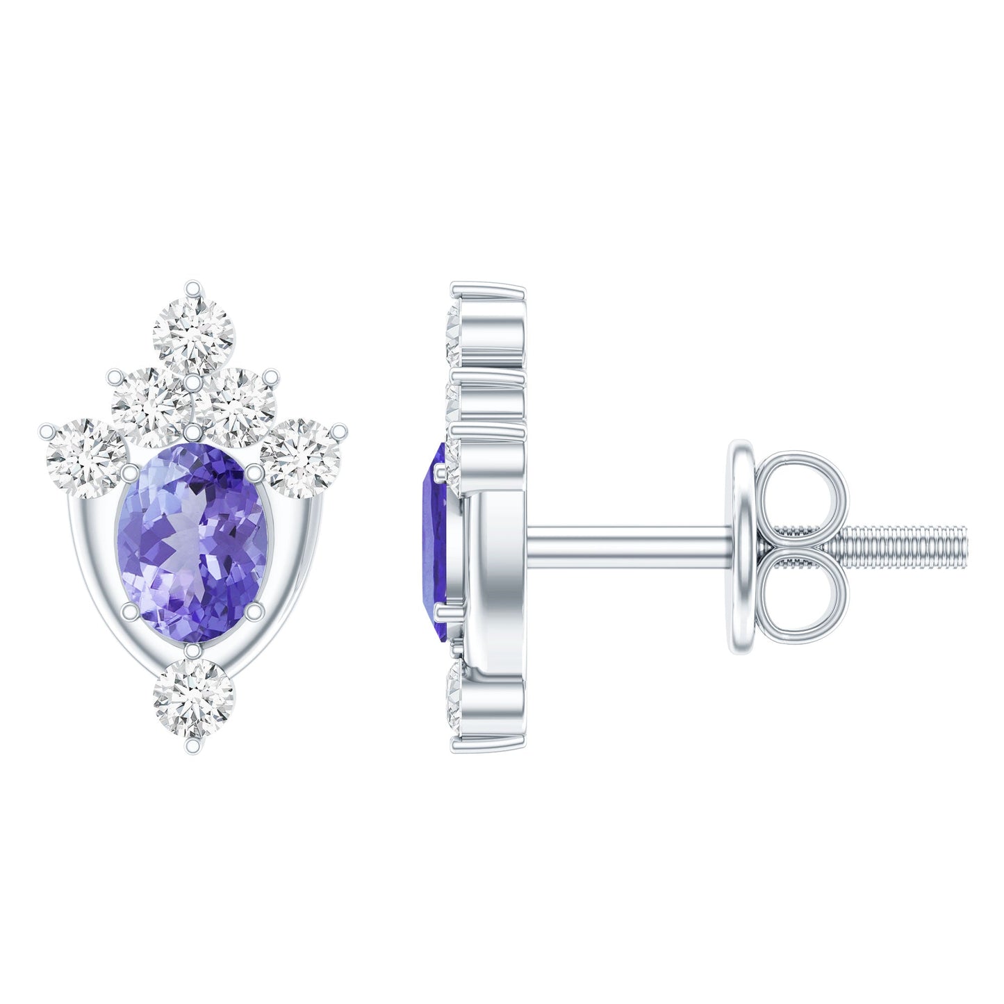Oval Shaped Tanzanite Stud Earrings with Lab Diamond in Sterling Silver