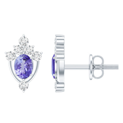 Oval Shaped Tanzanite Stud Earrings with Lab Diamond in Sterling Silver