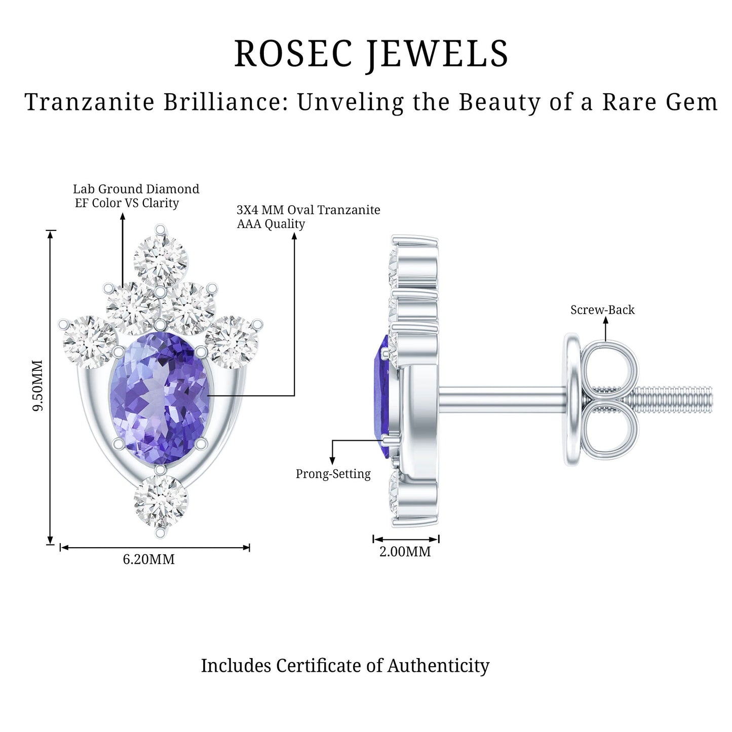 Oval Shaped Tanzanite Stud Earrings with Lab Diamond in Sterling Silver