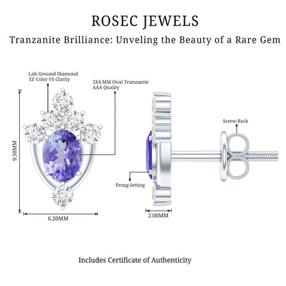 Oval Shaped Tanzanite Stud Earrings with Lab Diamond in Sterling Silver