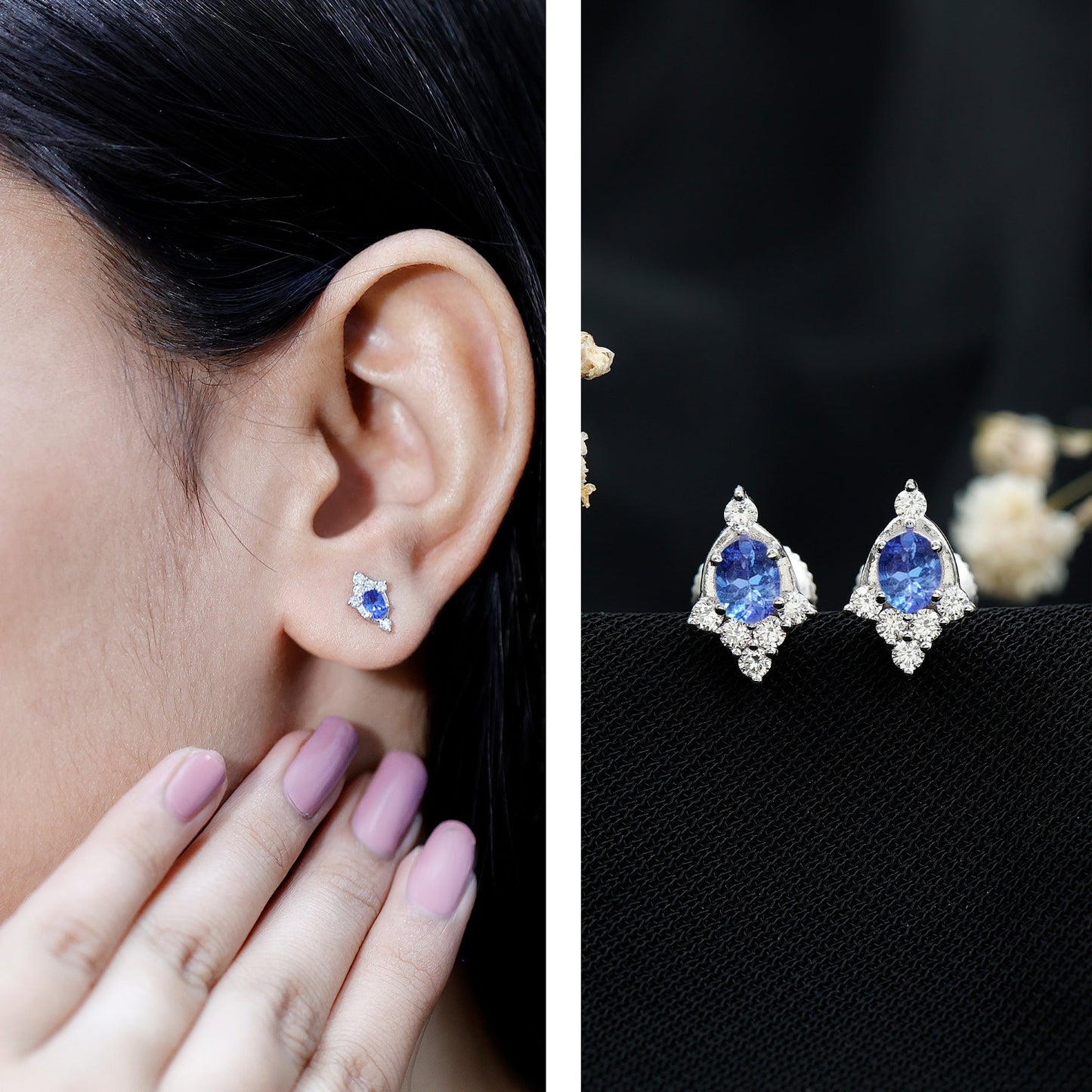 Oval Shaped Tanzanite Stud Earrings with Lab Diamond in Sterling Silver