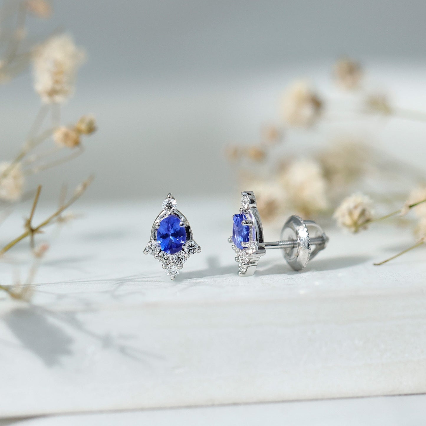 Oval Shaped Tanzanite Stud Earrings with Lab Diamond in Sterling Silver