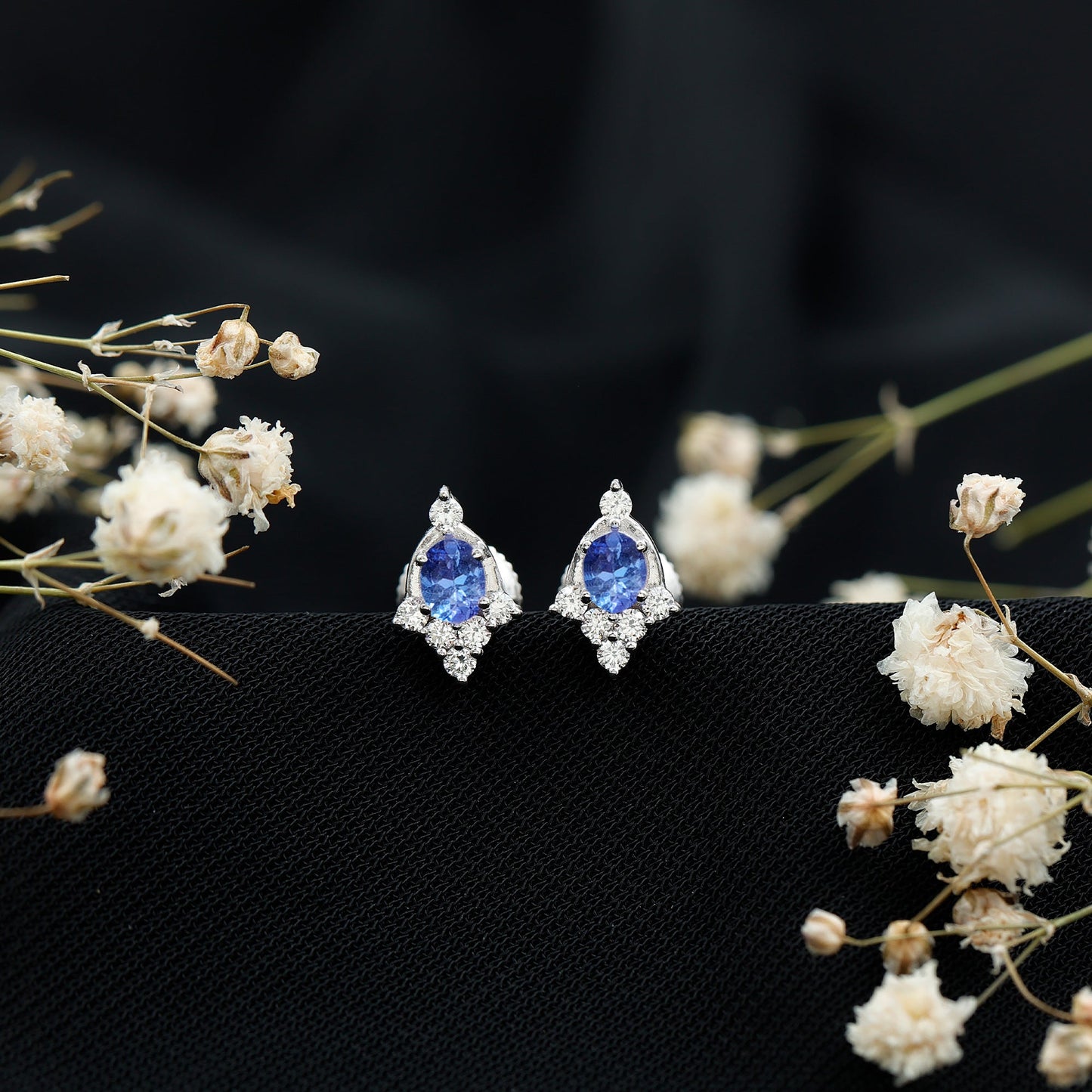 Oval Shaped Tanzanite Stud Earrings with Lab Diamond in Sterling Silver