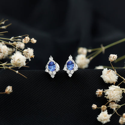 Oval Shaped Tanzanite Stud Earrings with Lab Diamond in Sterling Silver