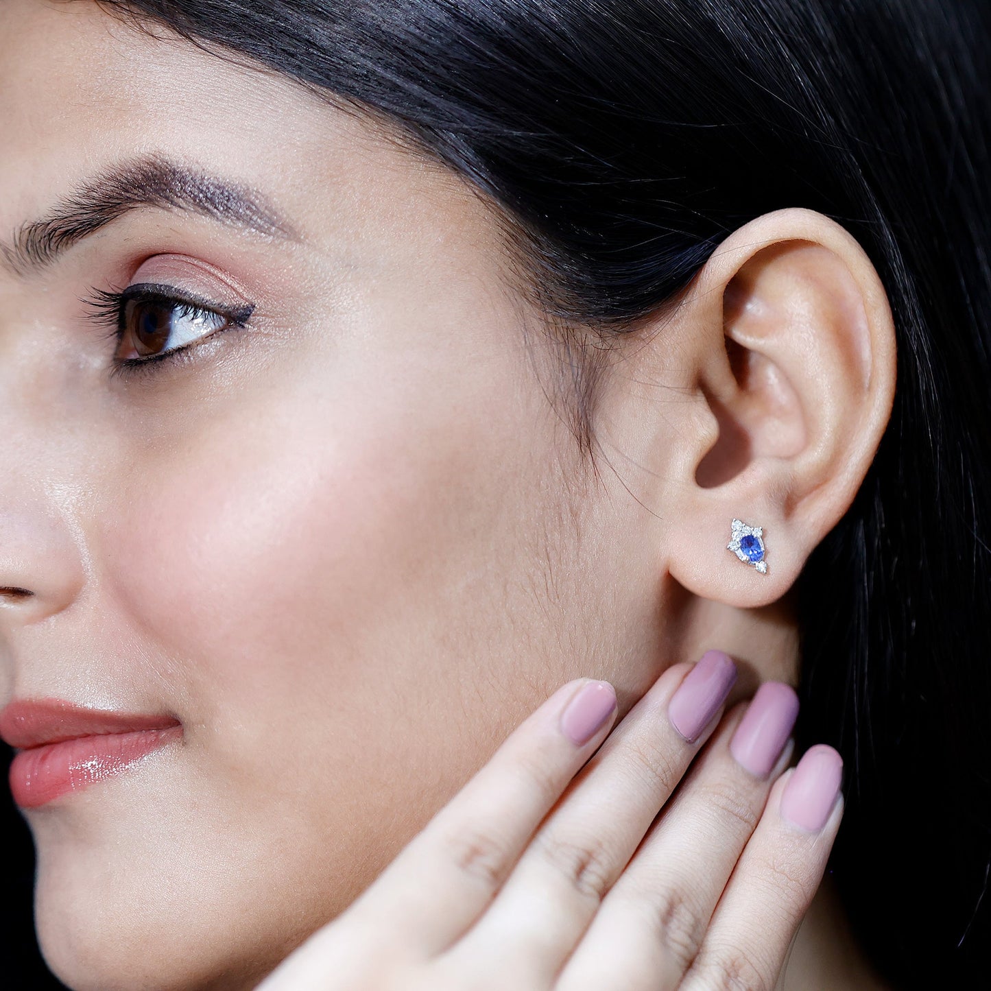 Oval Shaped Tanzanite Stud Earrings with Lab Diamond in Sterling Silver