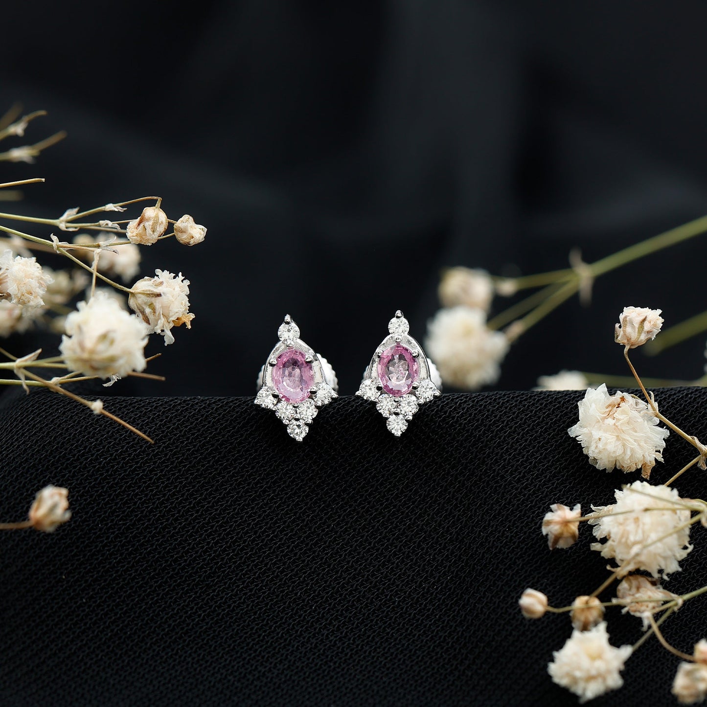 Sterling Silver Natural Pink Sapphire and Diamond Stud Earrings for Women