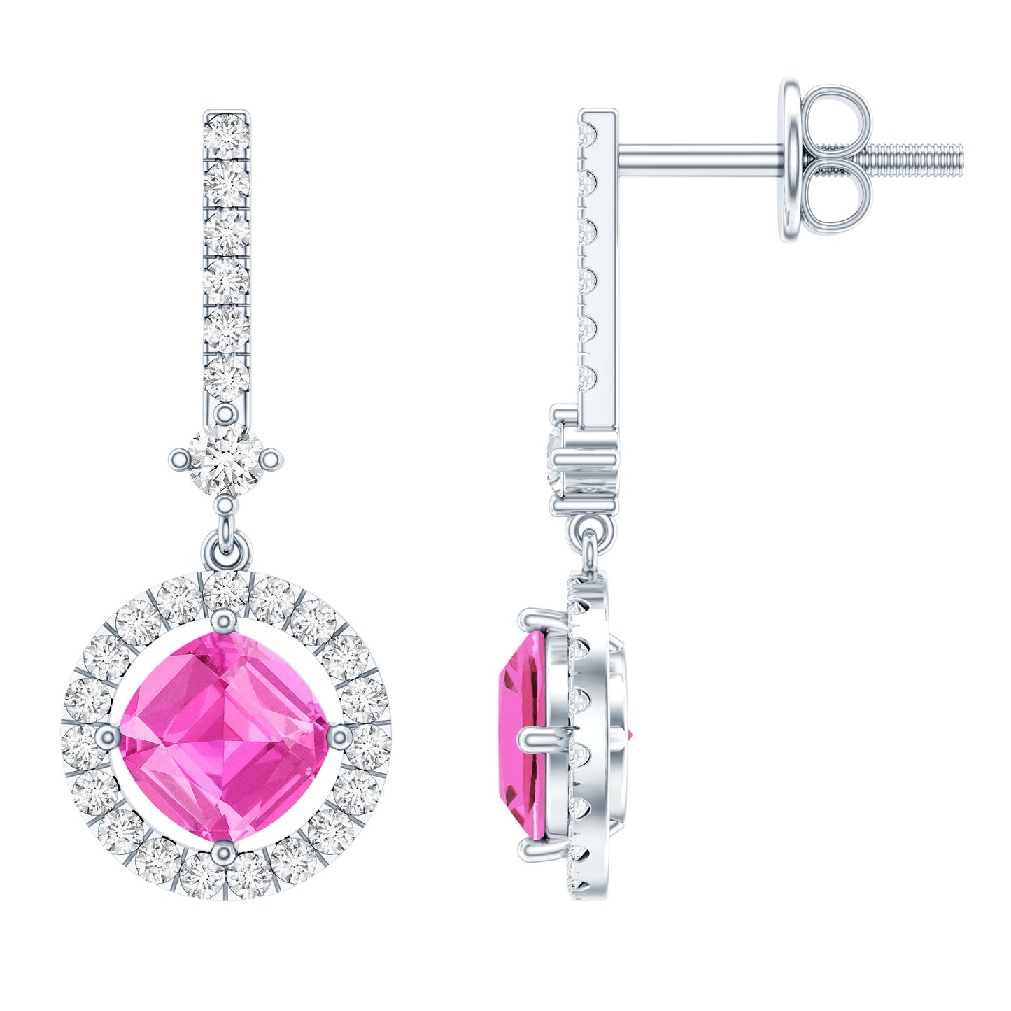 Lab Grown Pink Sapphire and Diamond Bridal Earrings in Silver