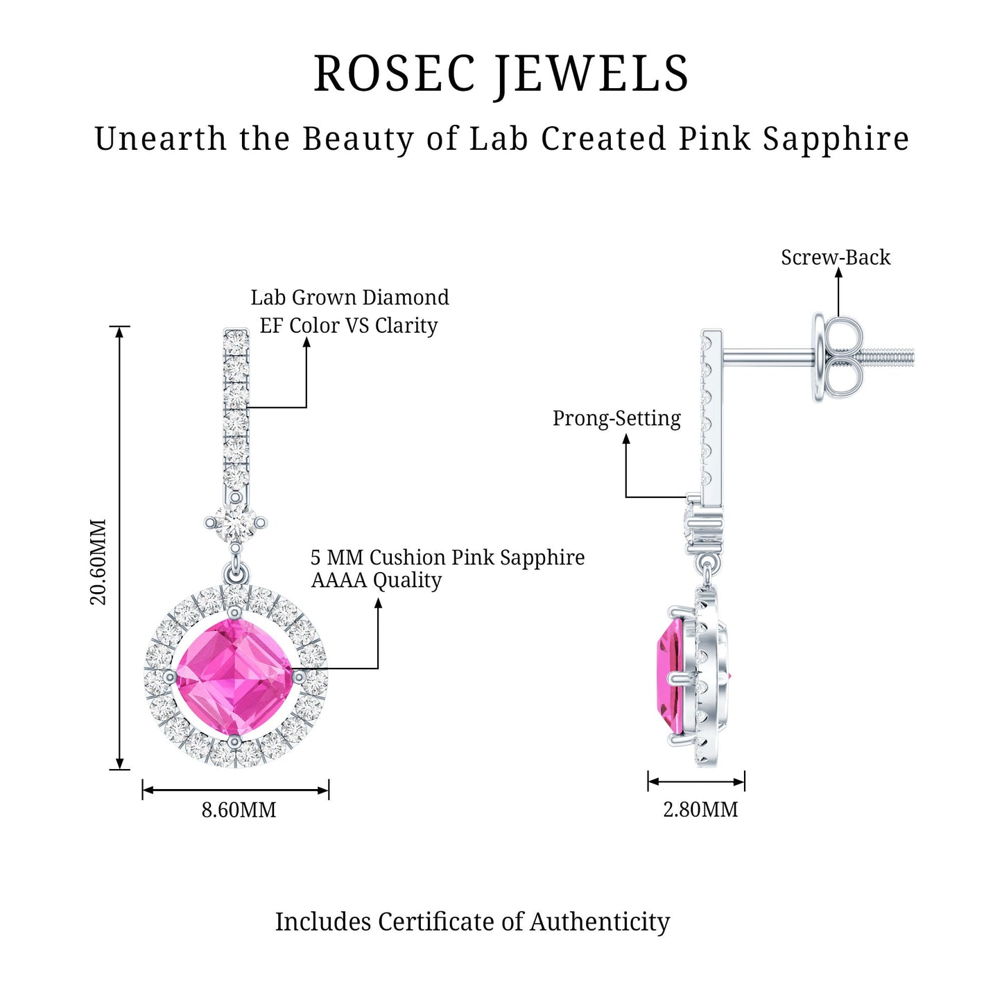 Lab Grown Pink Sapphire and Diamond Bridal Earrings in Silver