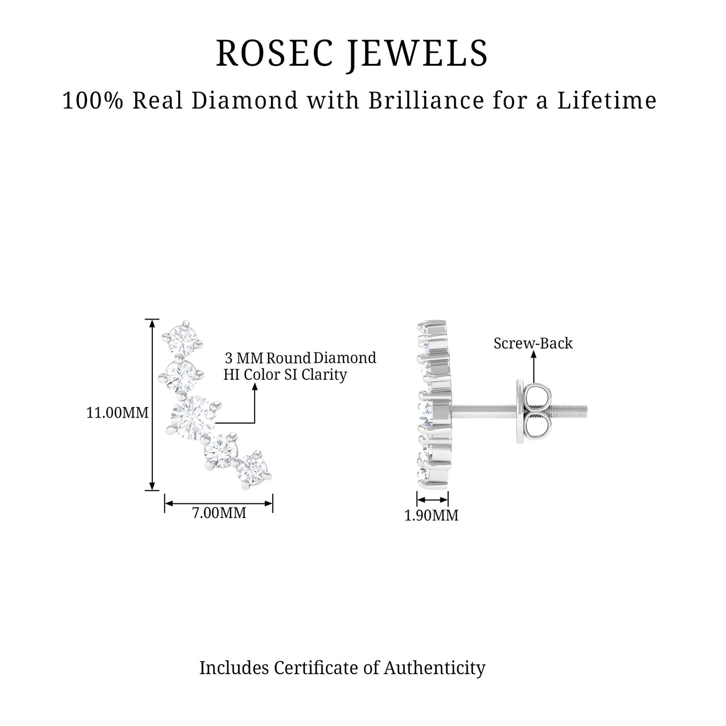 Round Diamond Curved Crawler Stud Earrings with Screw Backs