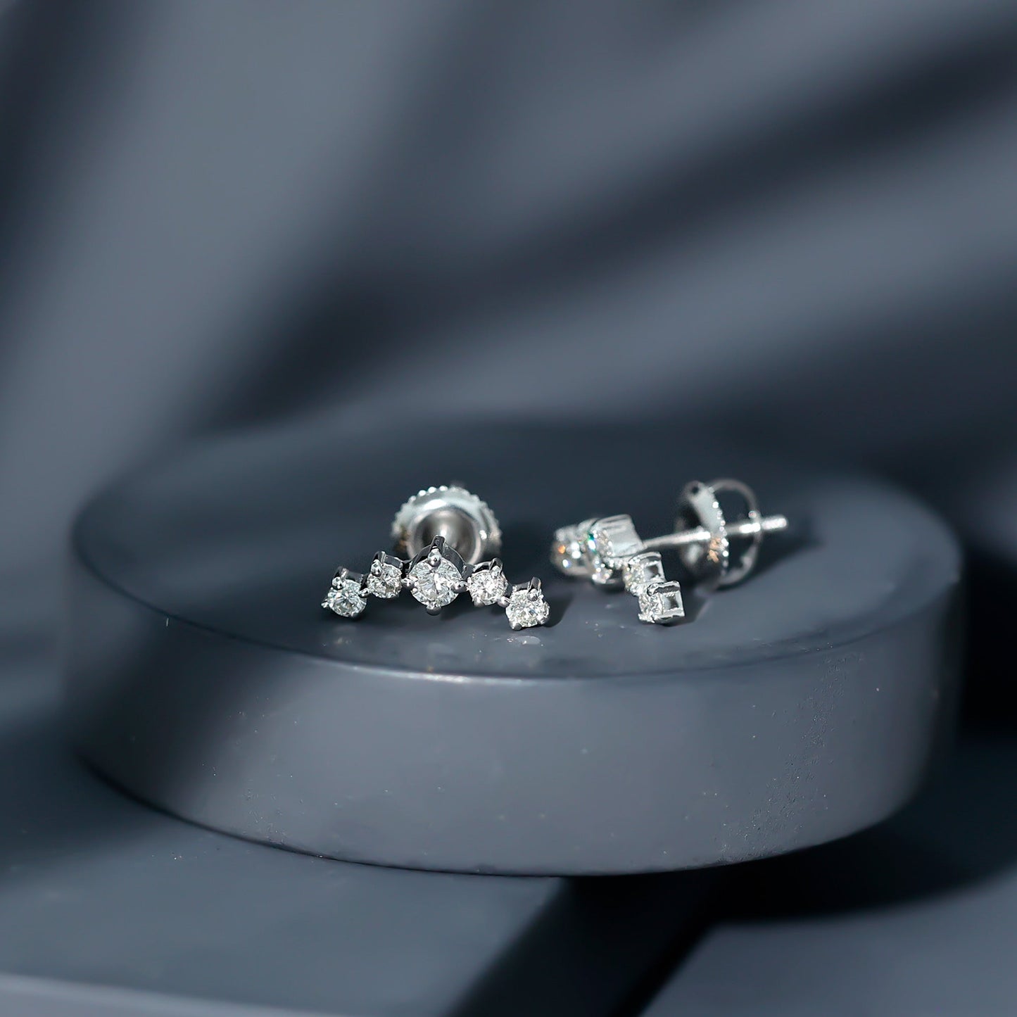 Round Diamond Curved Crawler Stud Earrings with Screw Backs