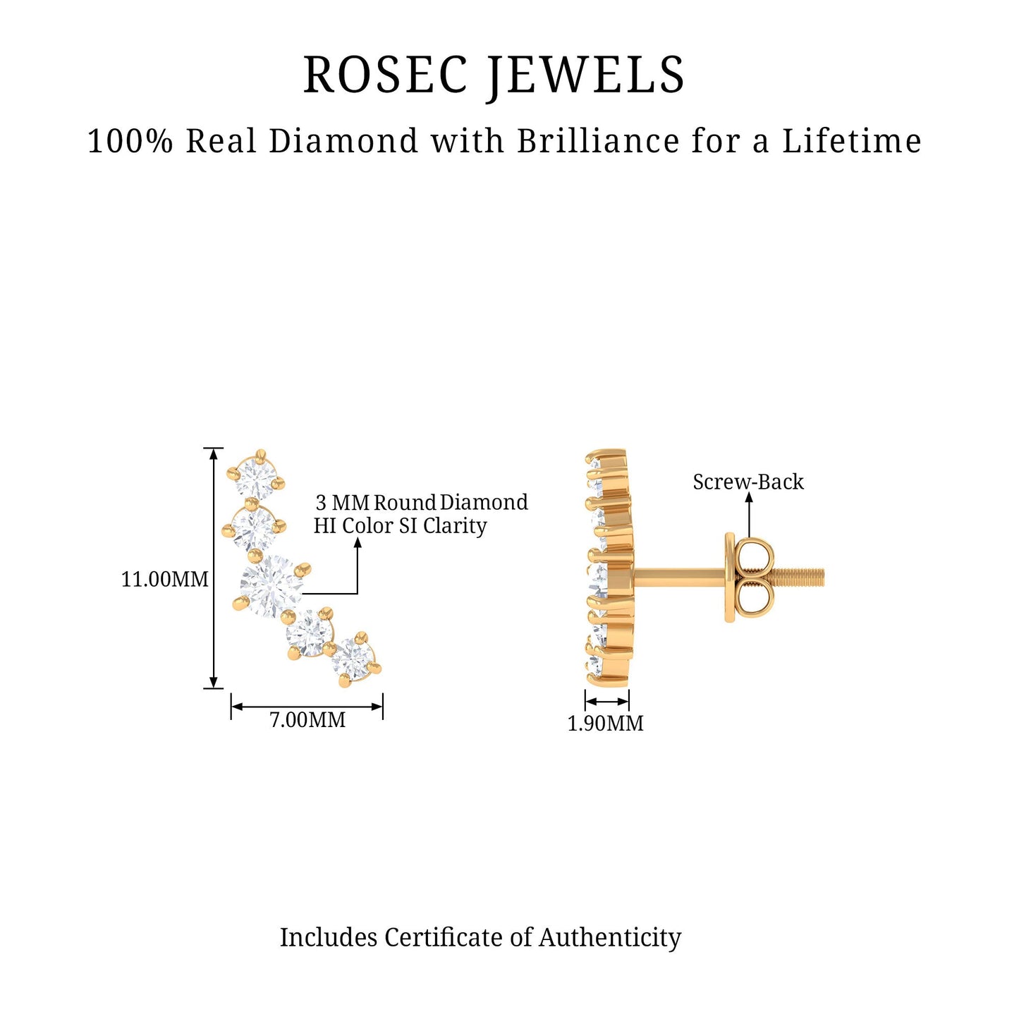 Round Diamond Curved Crawler Stud Earrings with Screw Backs