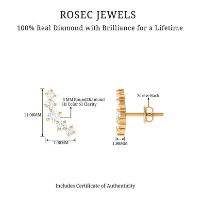 Round Diamond Curved Crawler Stud Earrings with Screw Backs