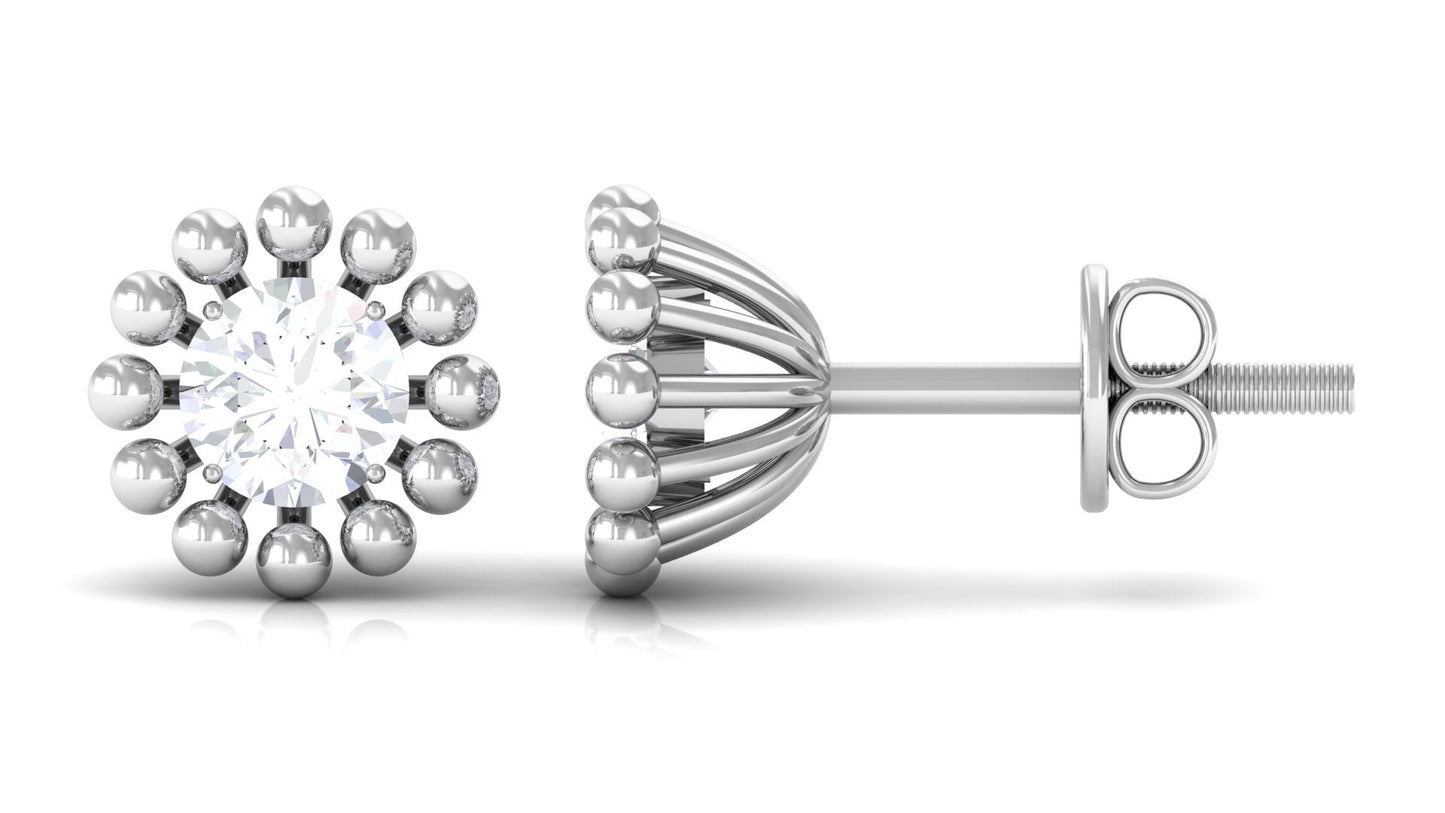 Natural Diamond Solitaire Stud Earrings with Beaded Detailing