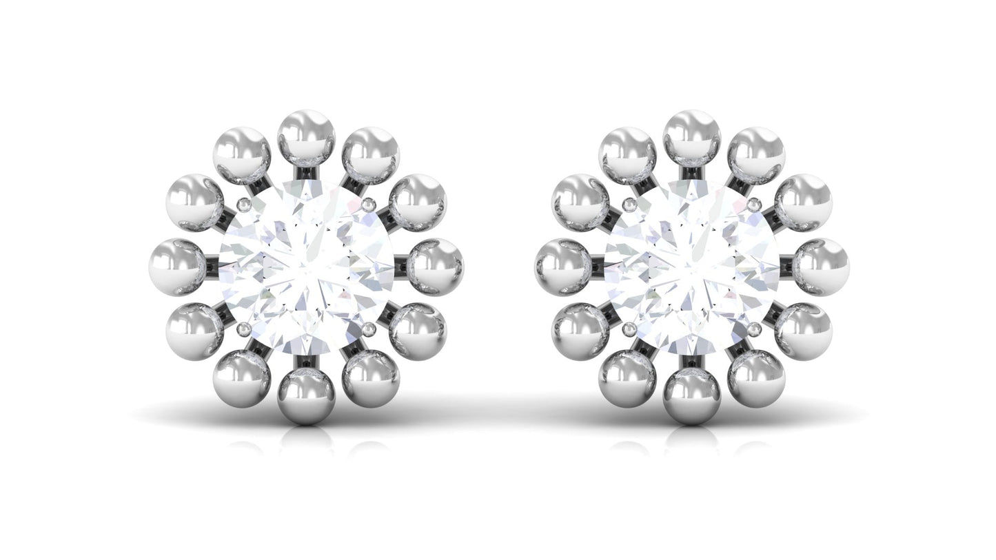 Natural Diamond Solitaire Stud Earrings with Beaded Detailing