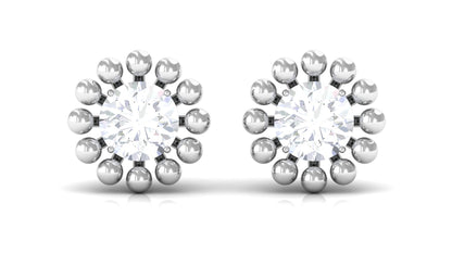 Natural Diamond Solitaire Stud Earrings with Beaded Detailing