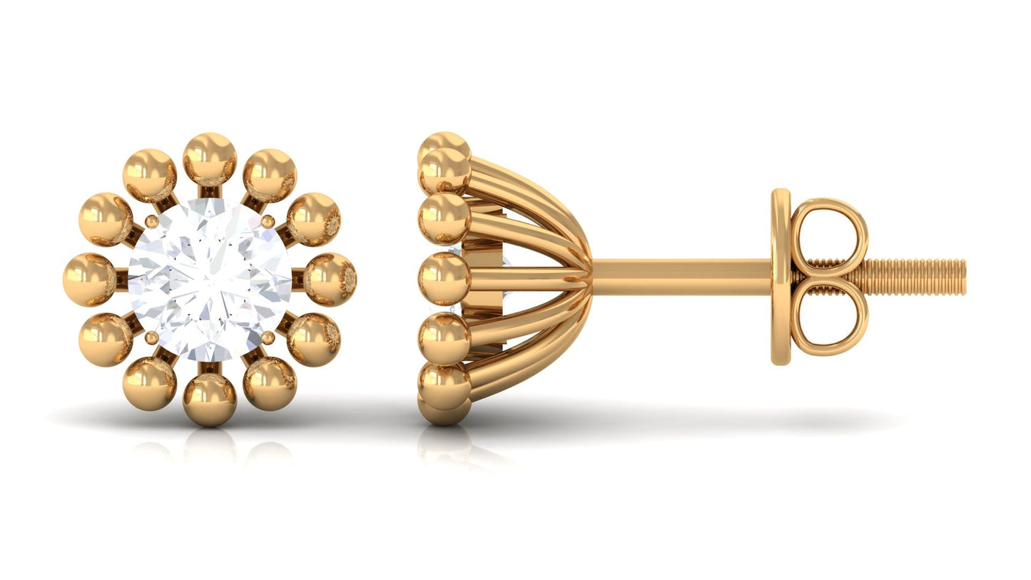 Natural Diamond Solitaire Stud Earrings with Beaded Detailing