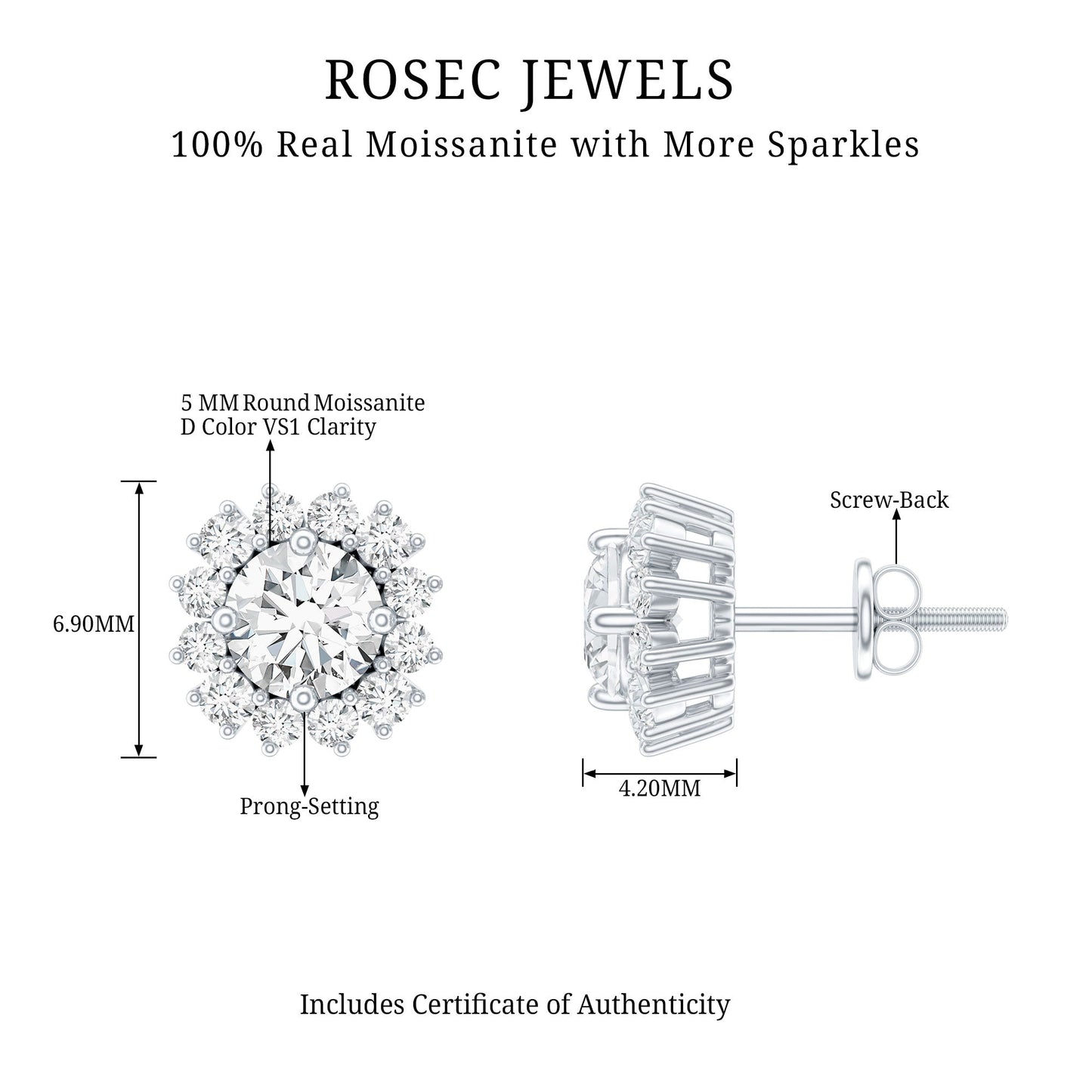 Round 1 Carat Moissanite Halo Stud Earrings for Women