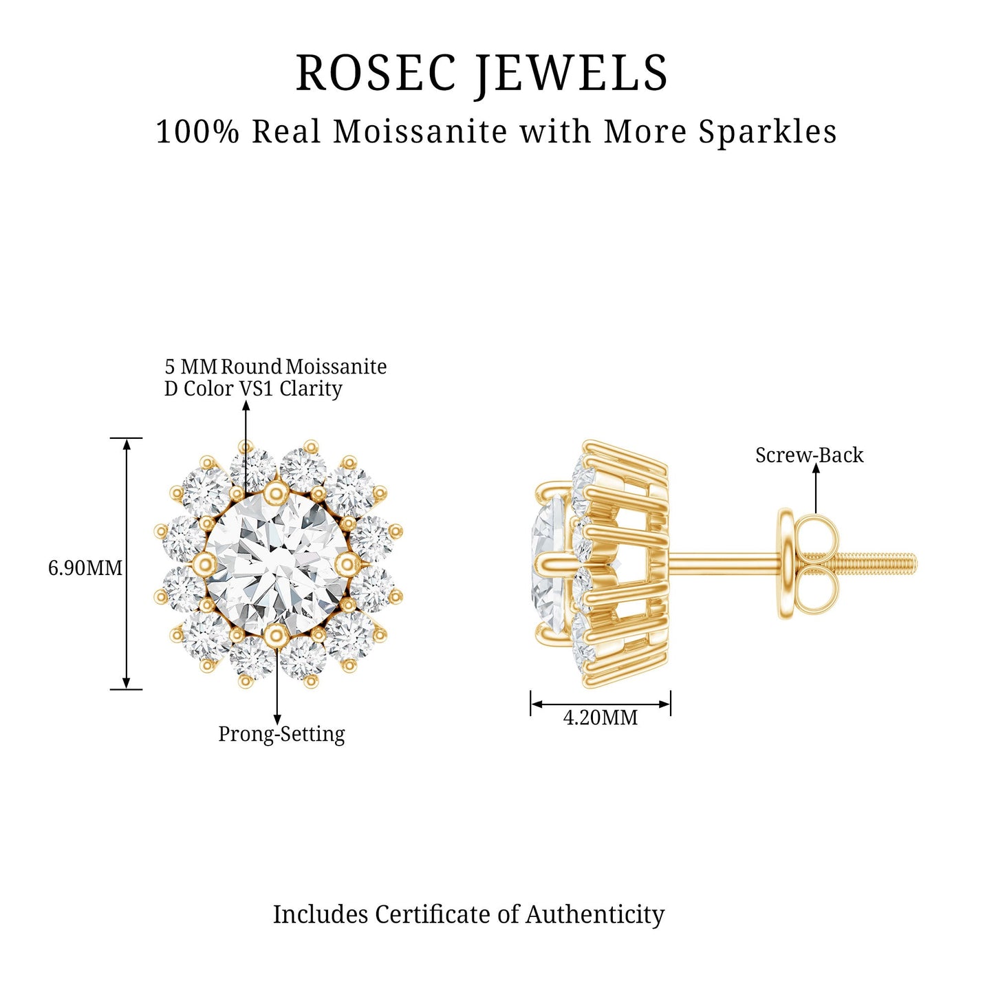 Round 1 Carat Moissanite Halo Stud Earrings for Women