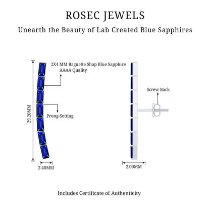 Baguette Cut Lab Grown Blue Sapphire Climber Earrings