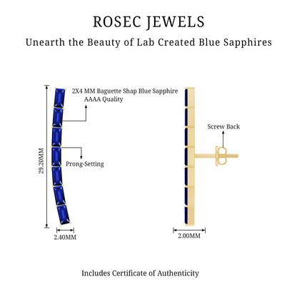 Baguette Cut Lab Grown Blue Sapphire Climber Earrings