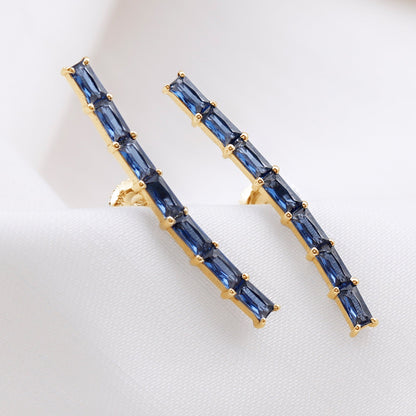 Baguette Cut Lab Grown Blue Sapphire Climber Earrings