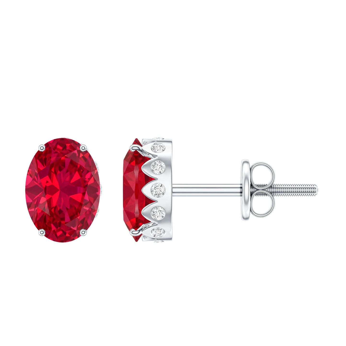 3 CT Oval Lab-Created Ruby Bridal Stud Earrings with Diamond