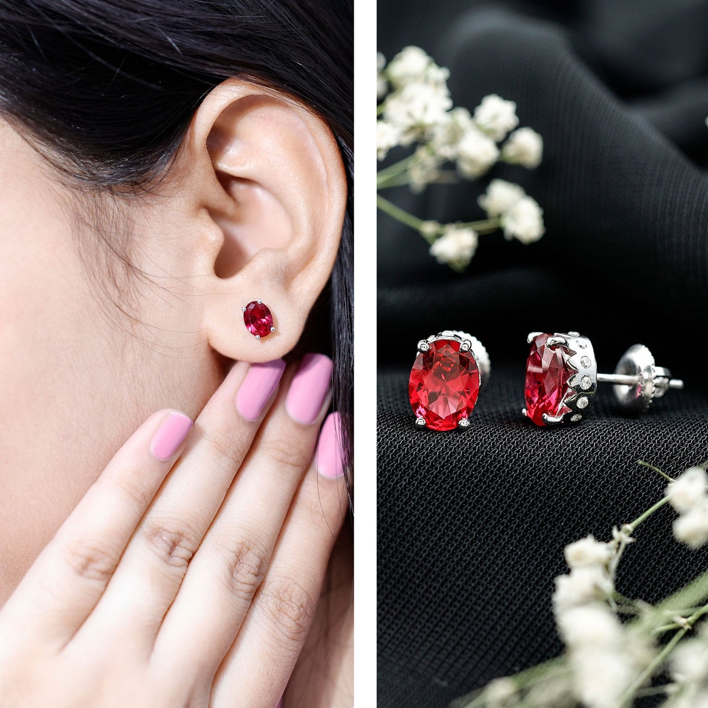 3 CT Oval Lab-Created Ruby Bridal Stud Earrings with Diamond
