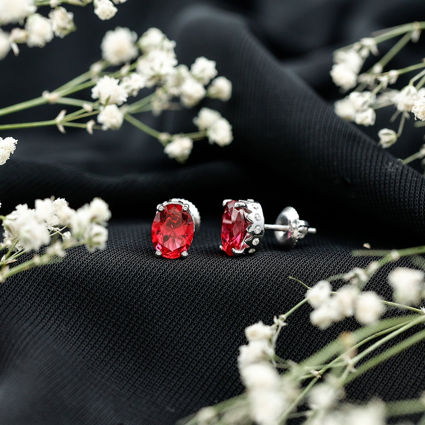 3 CT Oval Lab-Created Ruby Bridal Stud Earrings with Diamond
