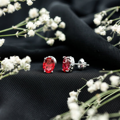 3 CT Oval Lab-Created Ruby Bridal Stud Earrings with Diamond