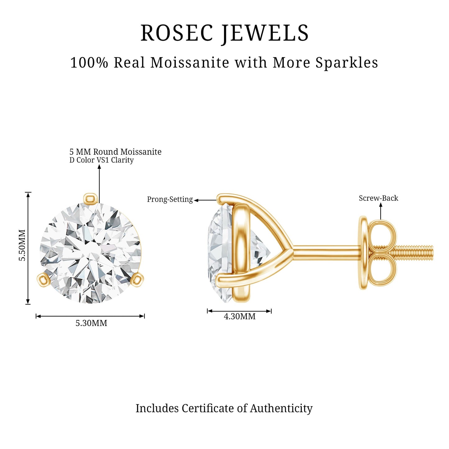 1 Carat Certified Moissanite Martini Stud Earrings