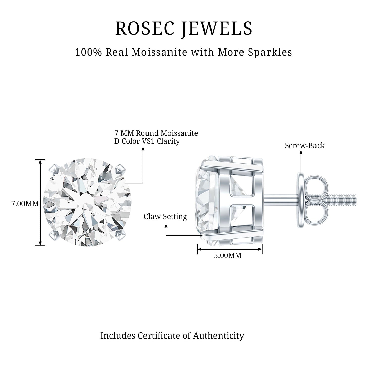 2.7 Carat Round Moissanite Studs in Claw Setting