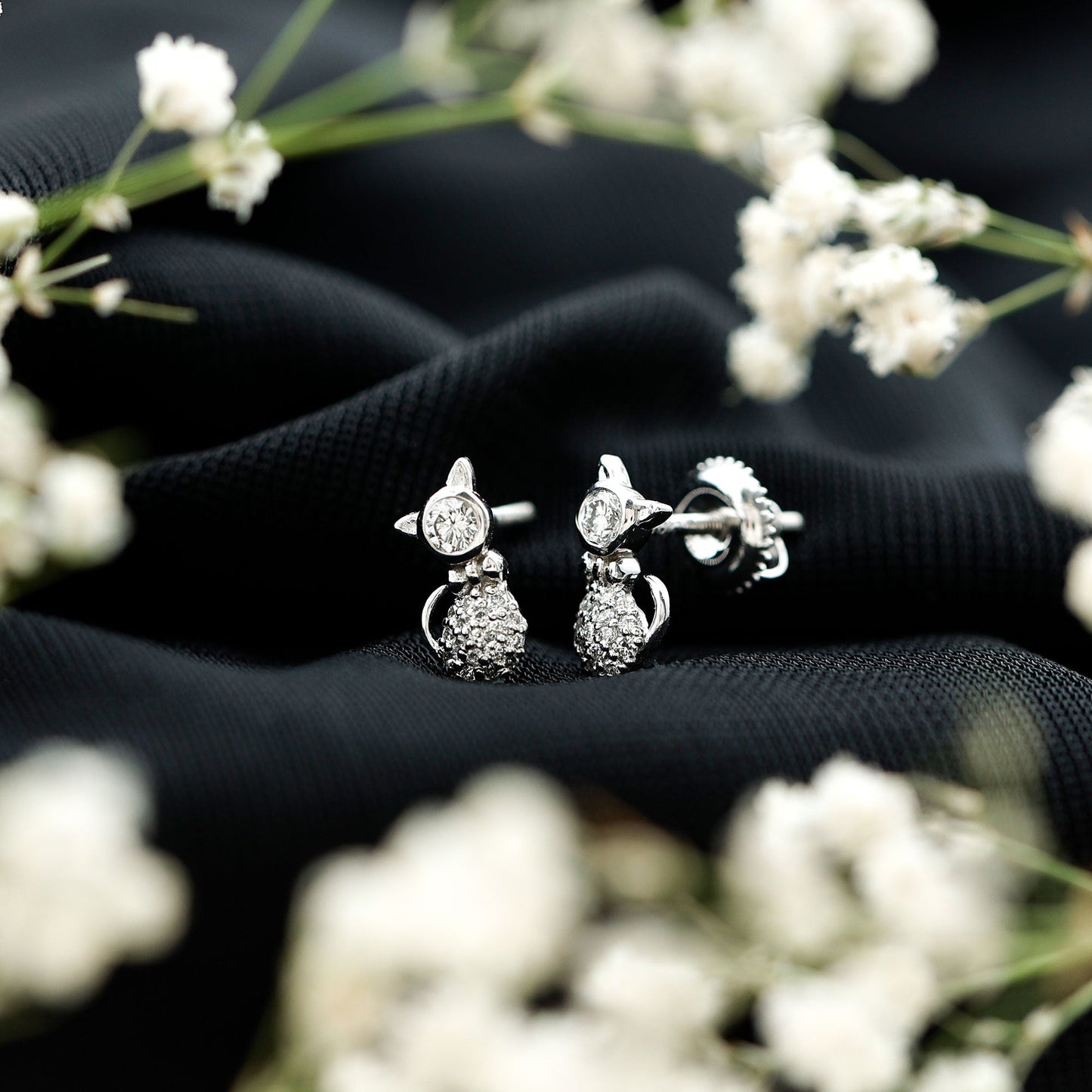 Certified Diamond Cat Kitty Earrings