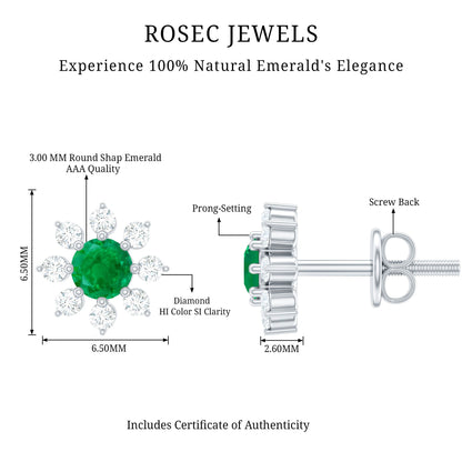 Natural Emerald and Diamond Floral Stud Earrings